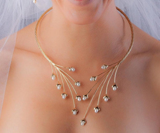 Elegant Pearl Tendril Wire Necklace | Modern Minimalist Bridal Jewelry