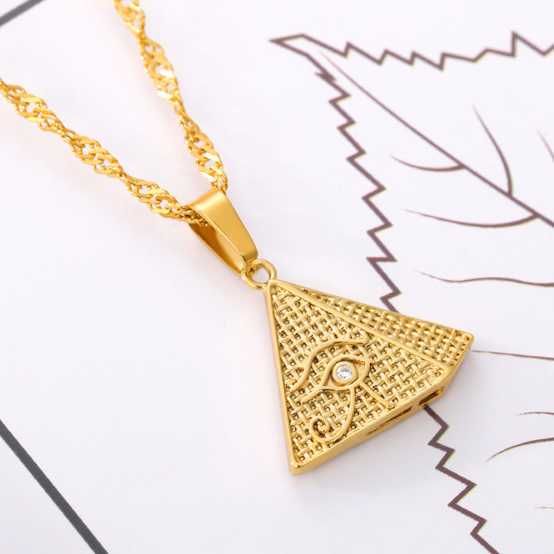 Egyptian Pyramid Pendant Necklace. Golden eye of Horus