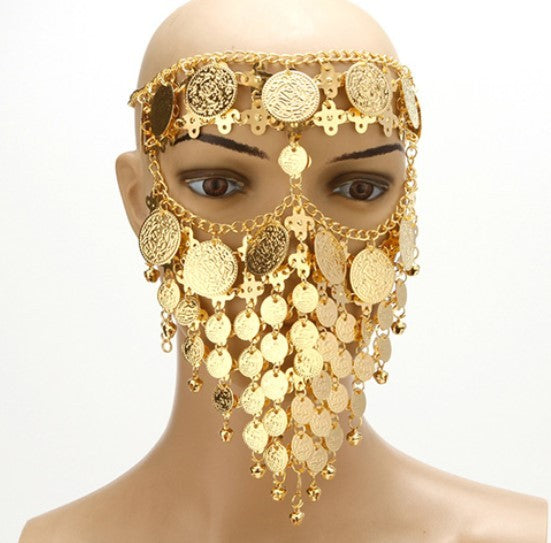 Exquisite Gold Coin and Bead Face Veil - Belly Dance Headpiece Accessory