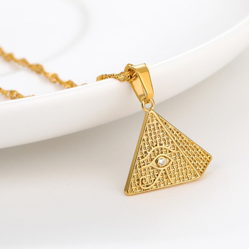 Egyptian Pyramid Pendant Necklace. Golden eye of Horus