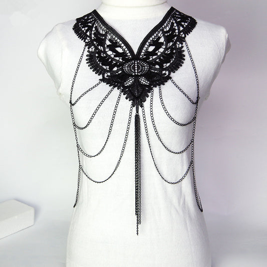 Black Lace Harness Necklace with Draped Chains