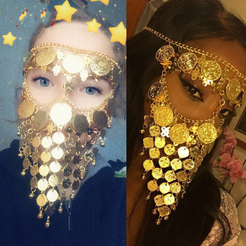 Exquisite Gold Coin and Bead Face Veil - Belly Dance Headpiece Accessory