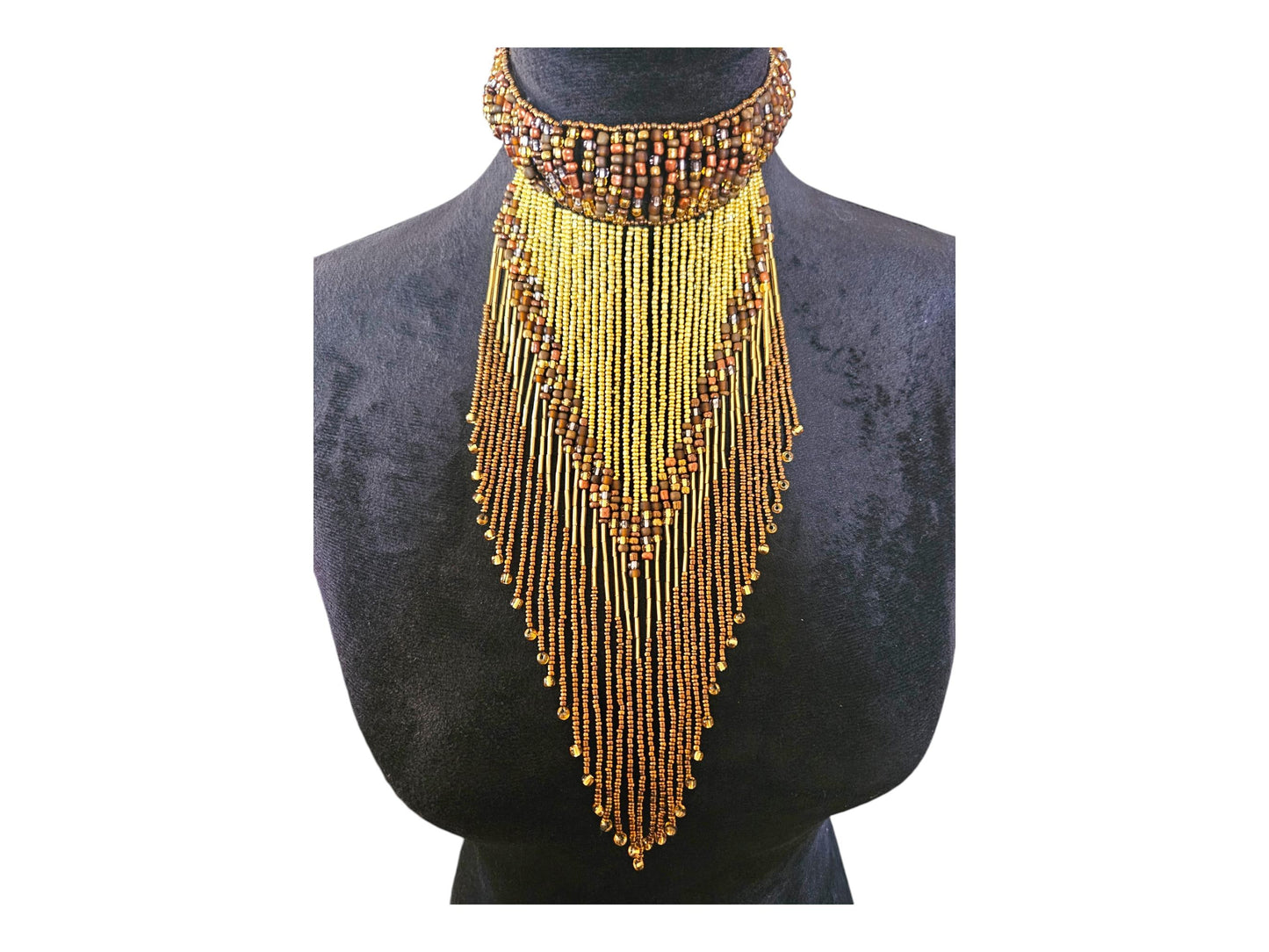 Brown beaded fringe choker necklace