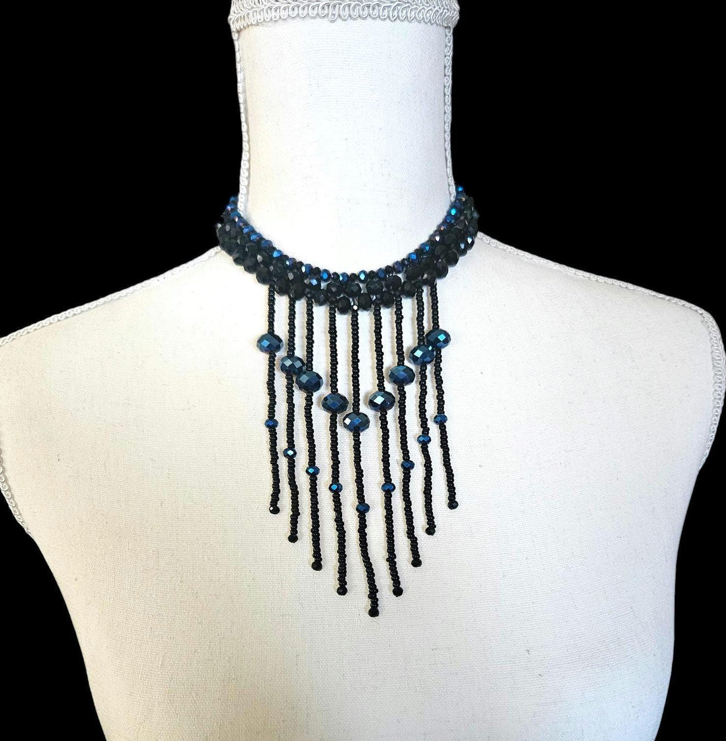 Black and blue beaded choker necklace