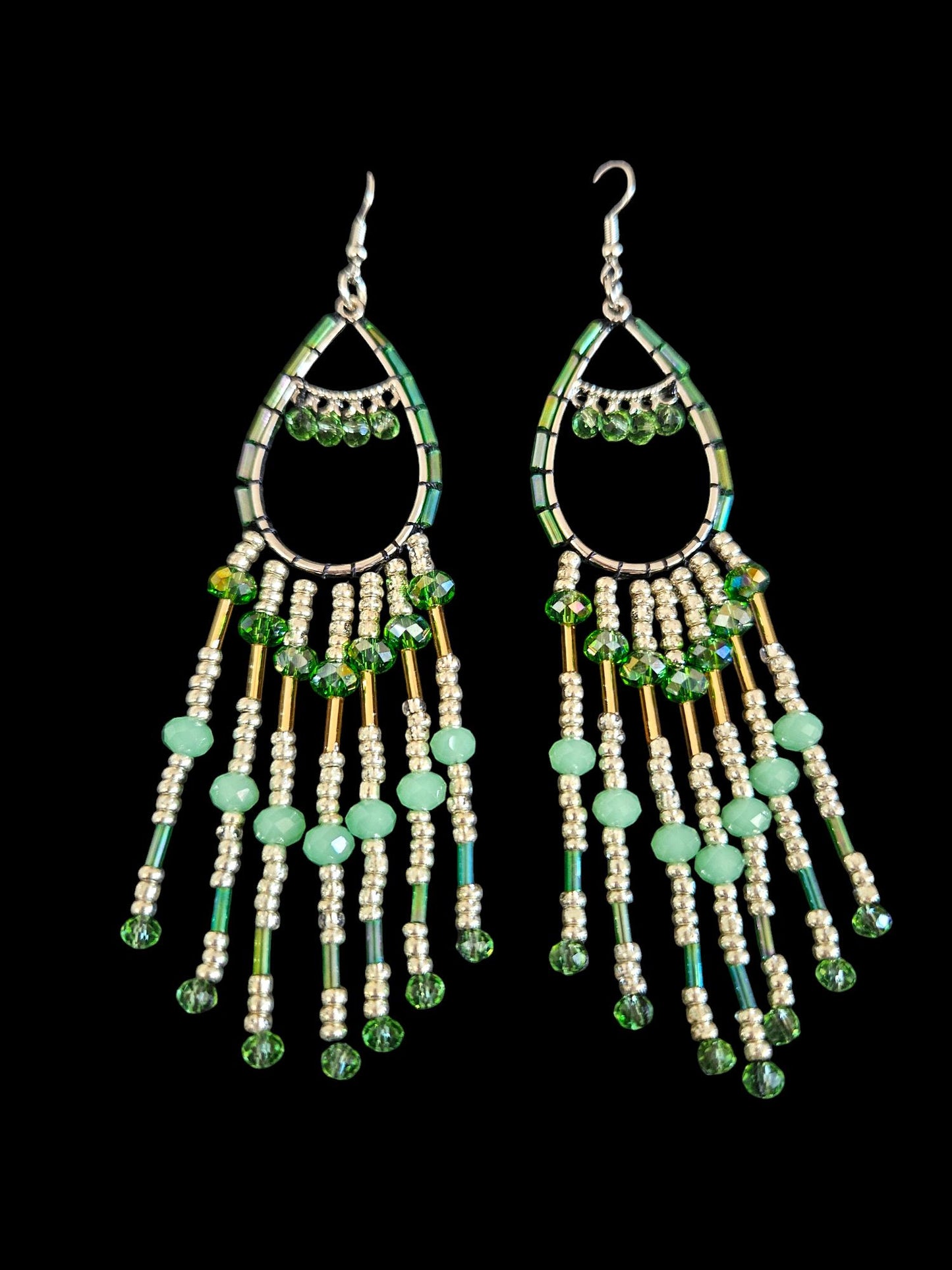 Long green dangle seed bead earrings