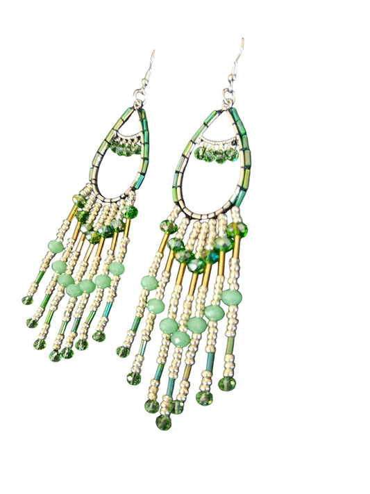 Long green dangle seed bead earrings