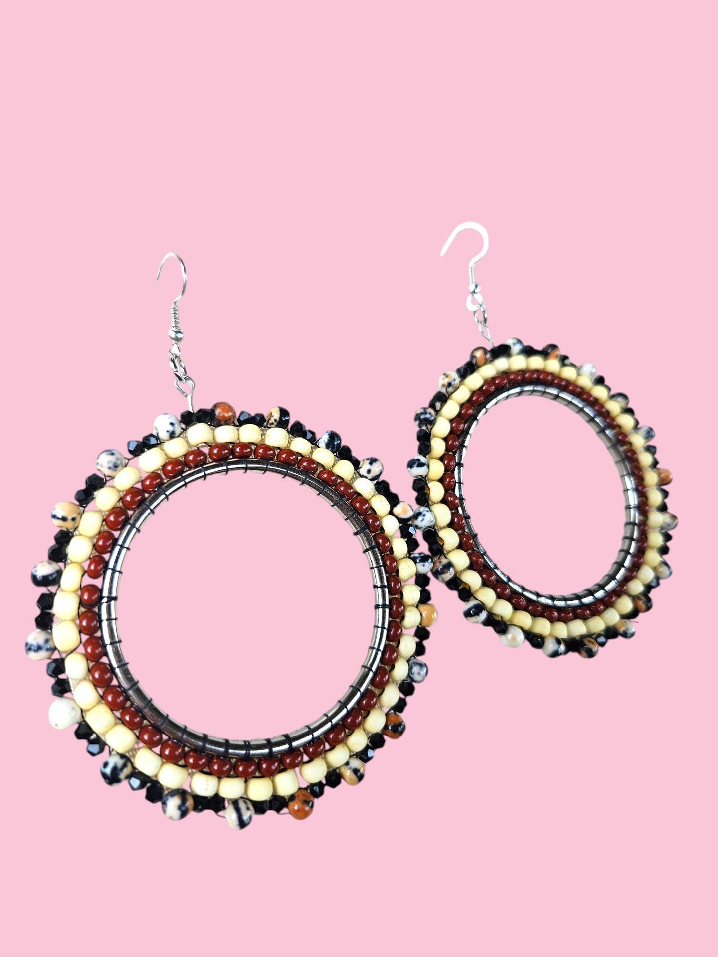 brown beaded statement hoop earrings