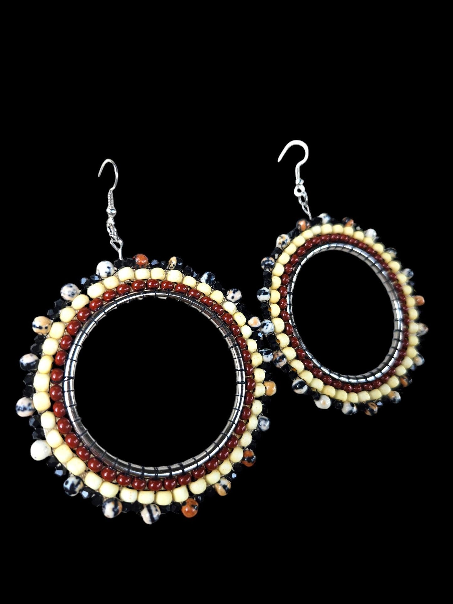 brown beaded statement hoop earrings