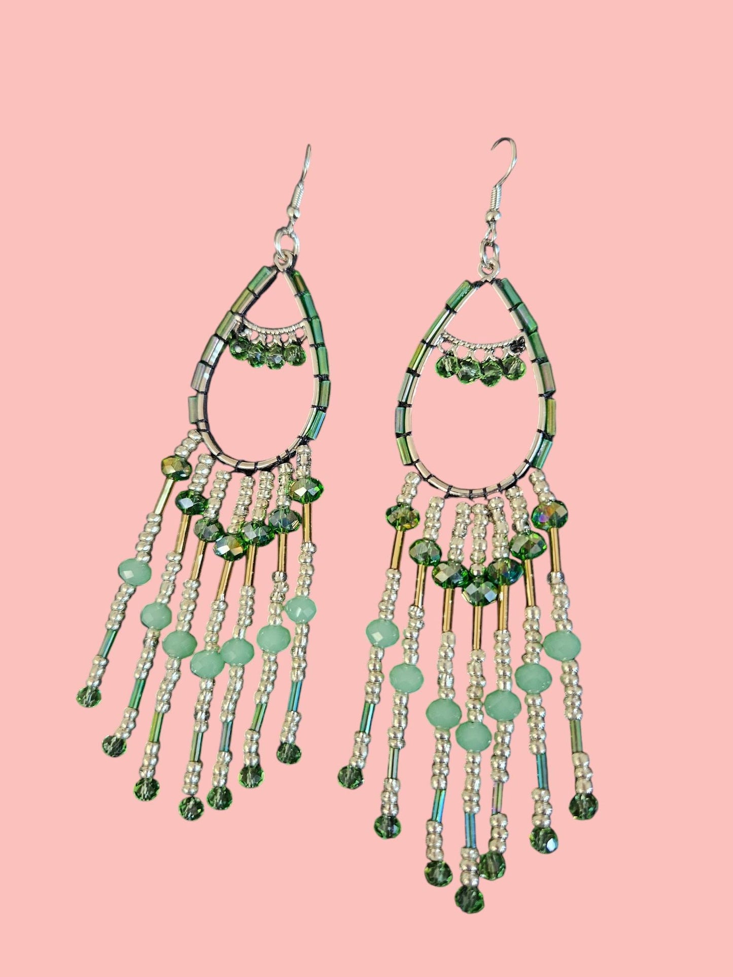 Long green dangle seed bead earrings