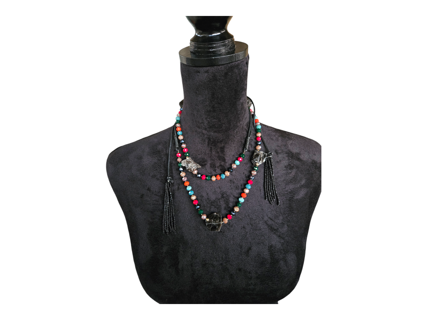 colorful beaded long black obsidian necklace