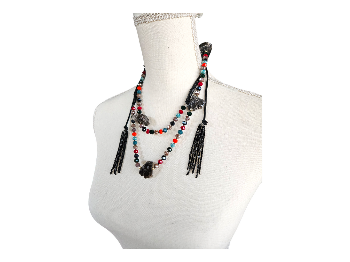 colorful beaded long black obsidian necklace