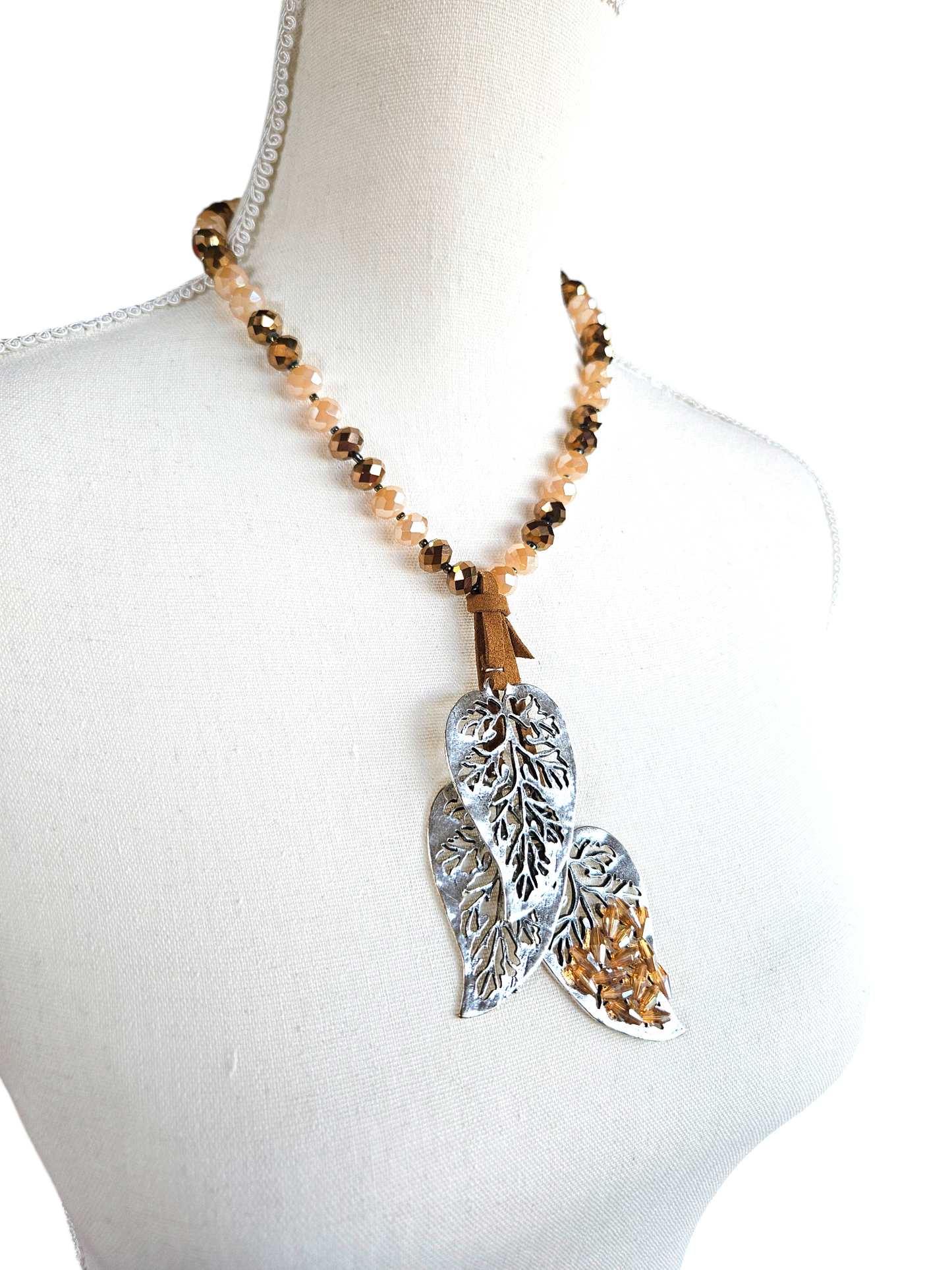 Silver Leaf Earthy Tones Pendant Necklace with Amber Crystal Beads