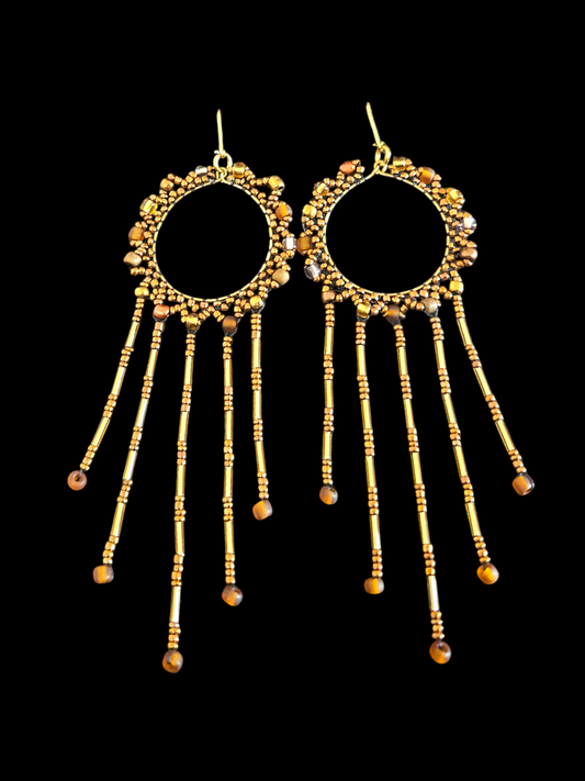 Gold Beaded Hoop Earrings with Fringe Dangles