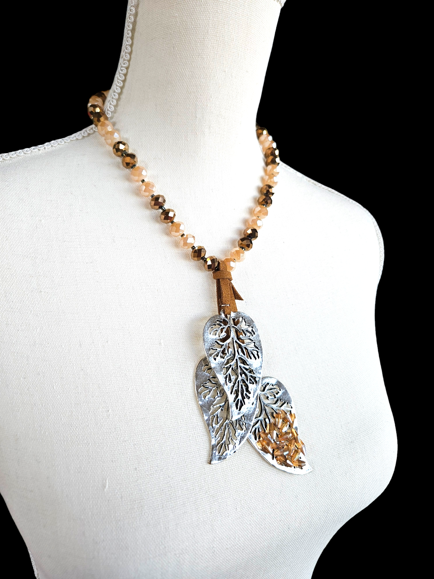 Silver Leaf Earthy Tones Pendant Necklace with Amber Crystal Beads