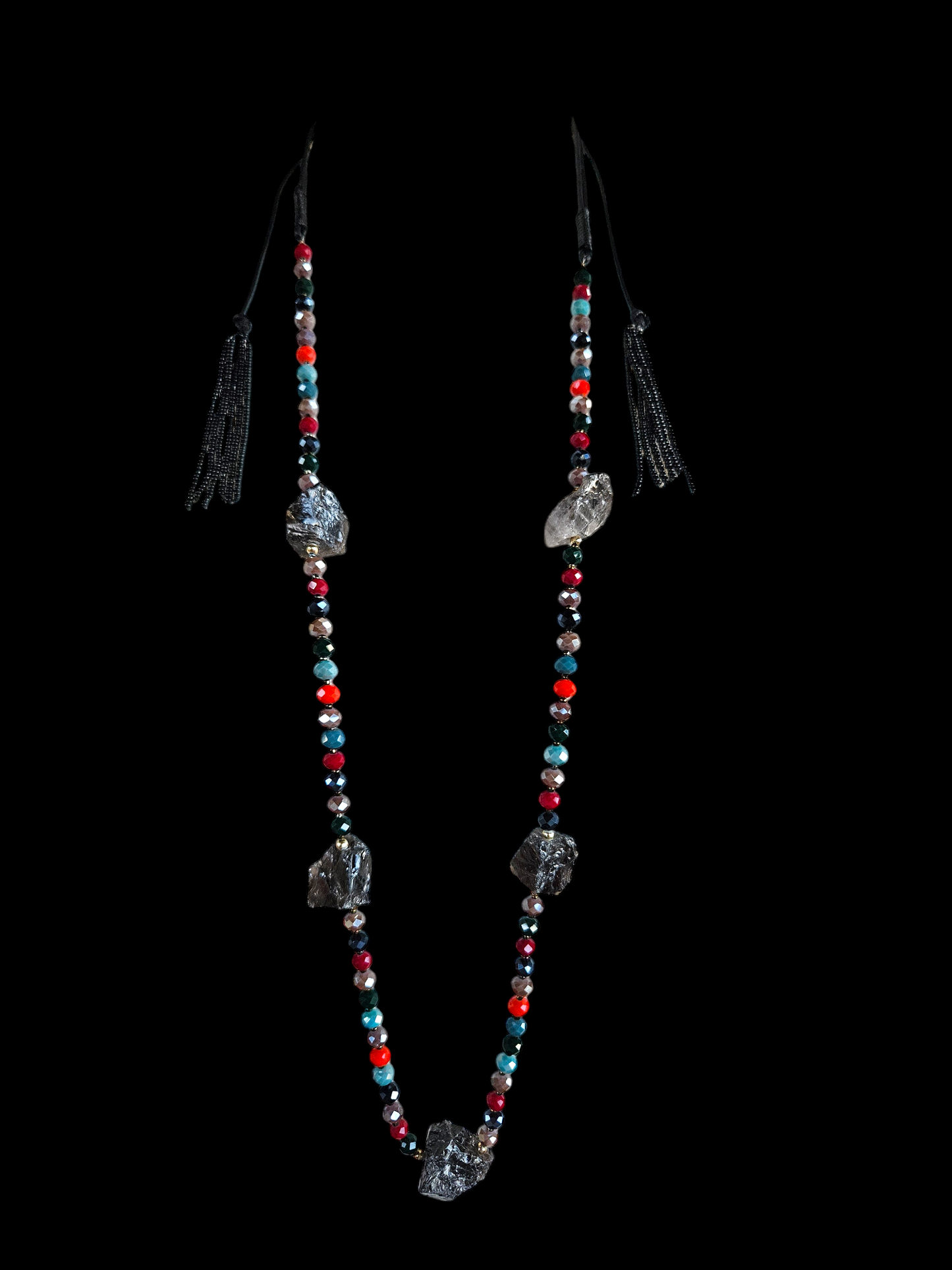 colorful beaded long black obsidian necklace