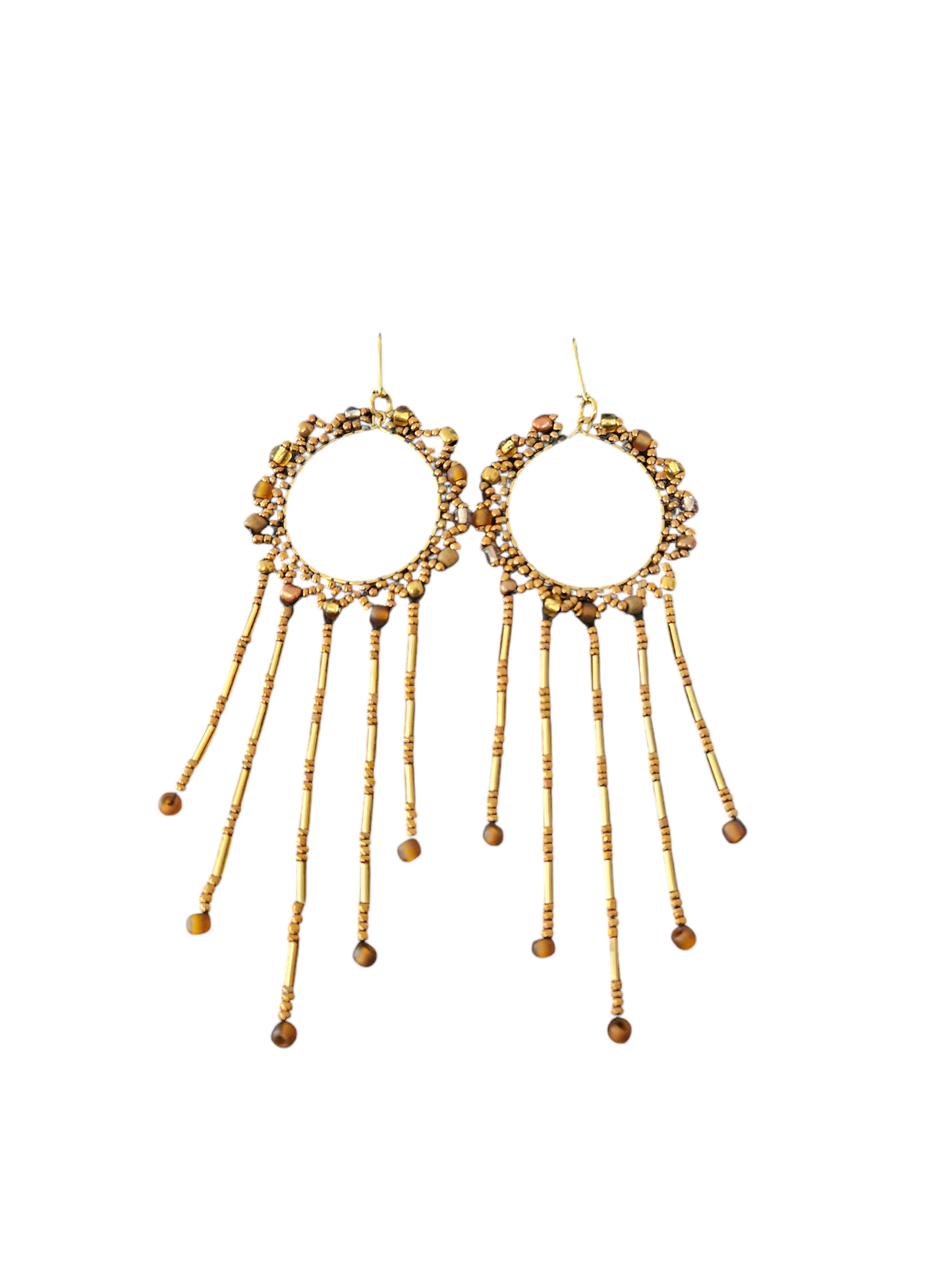 Gold Beaded Hoop Earrings with Fringe Dangles