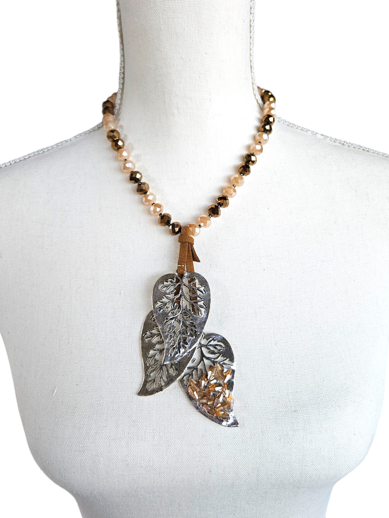 Silver Leaf Earthy Tones Pendant Necklace with Amber Crystal Beads