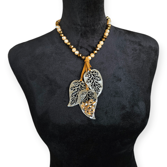 Silver Leaf Earthy Tones Pendant Necklace with Amber Crystal Beads