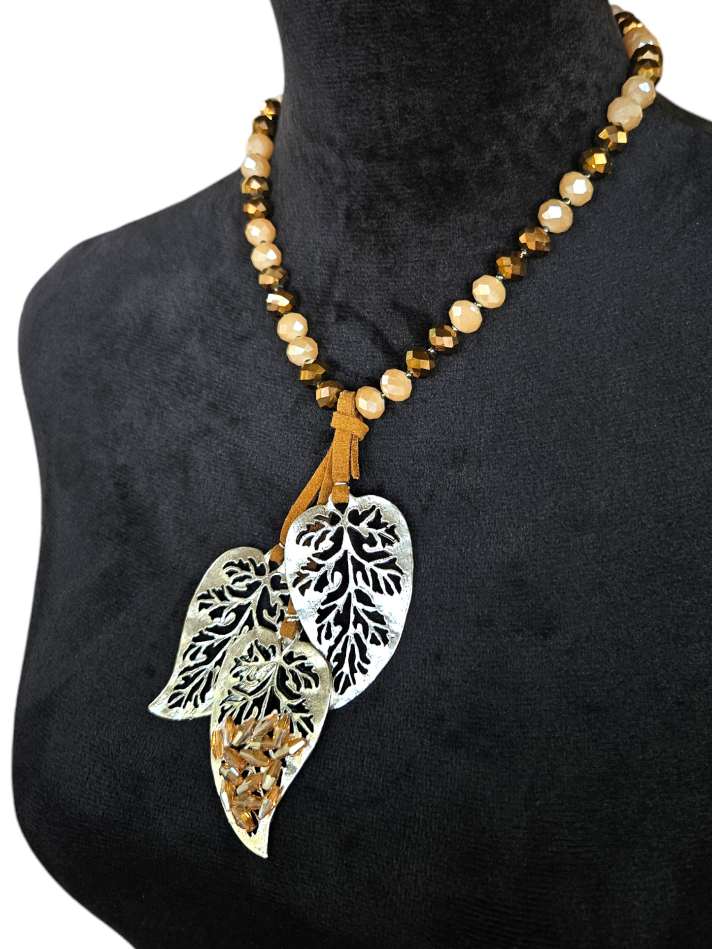 Silver Leaf Earthy Tones Pendant Necklace with Amber Crystal Beads