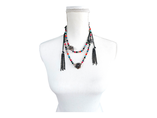 colorful beaded long black obsidian necklace