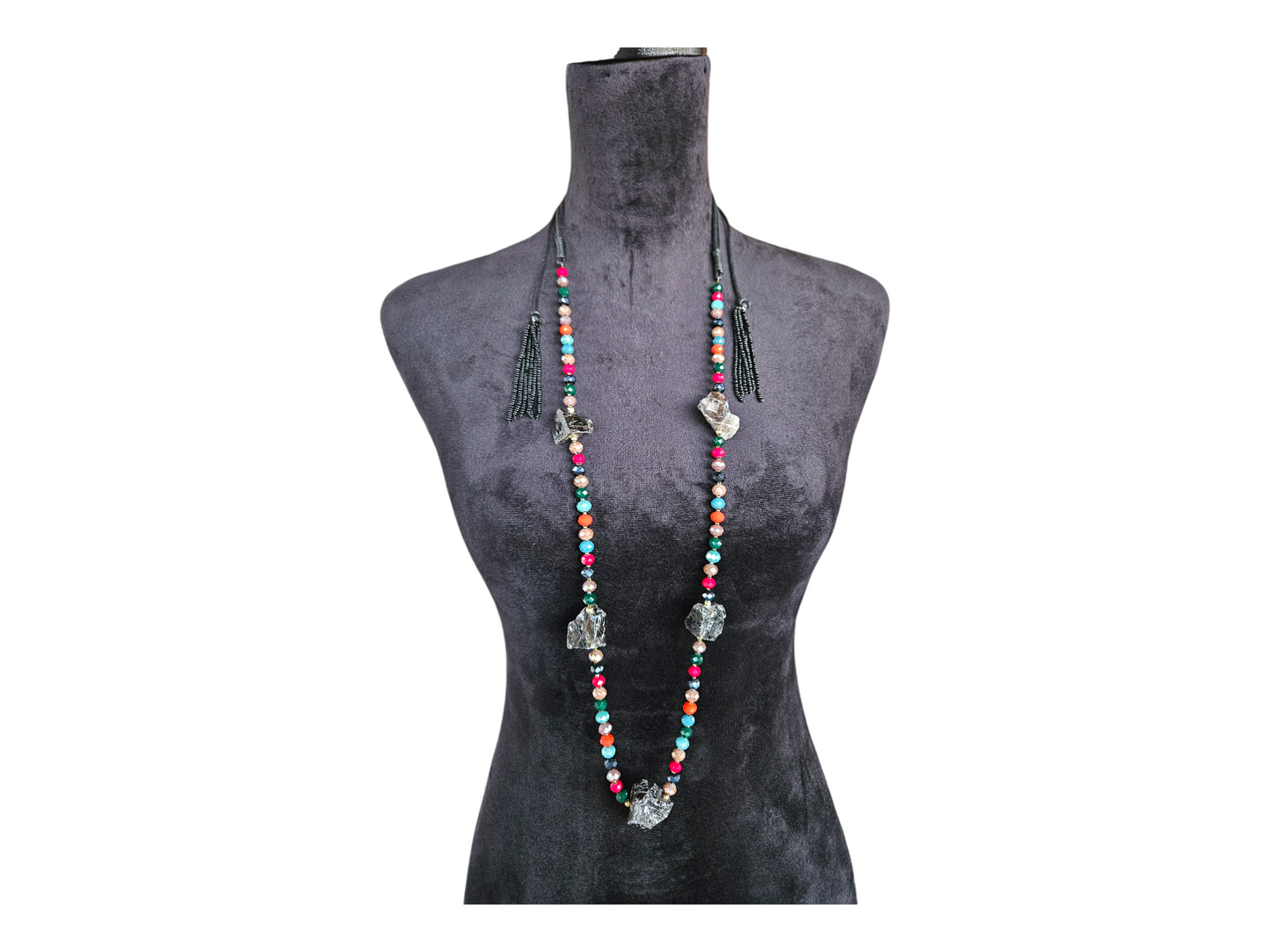 colorful beaded long black obsidian necklace