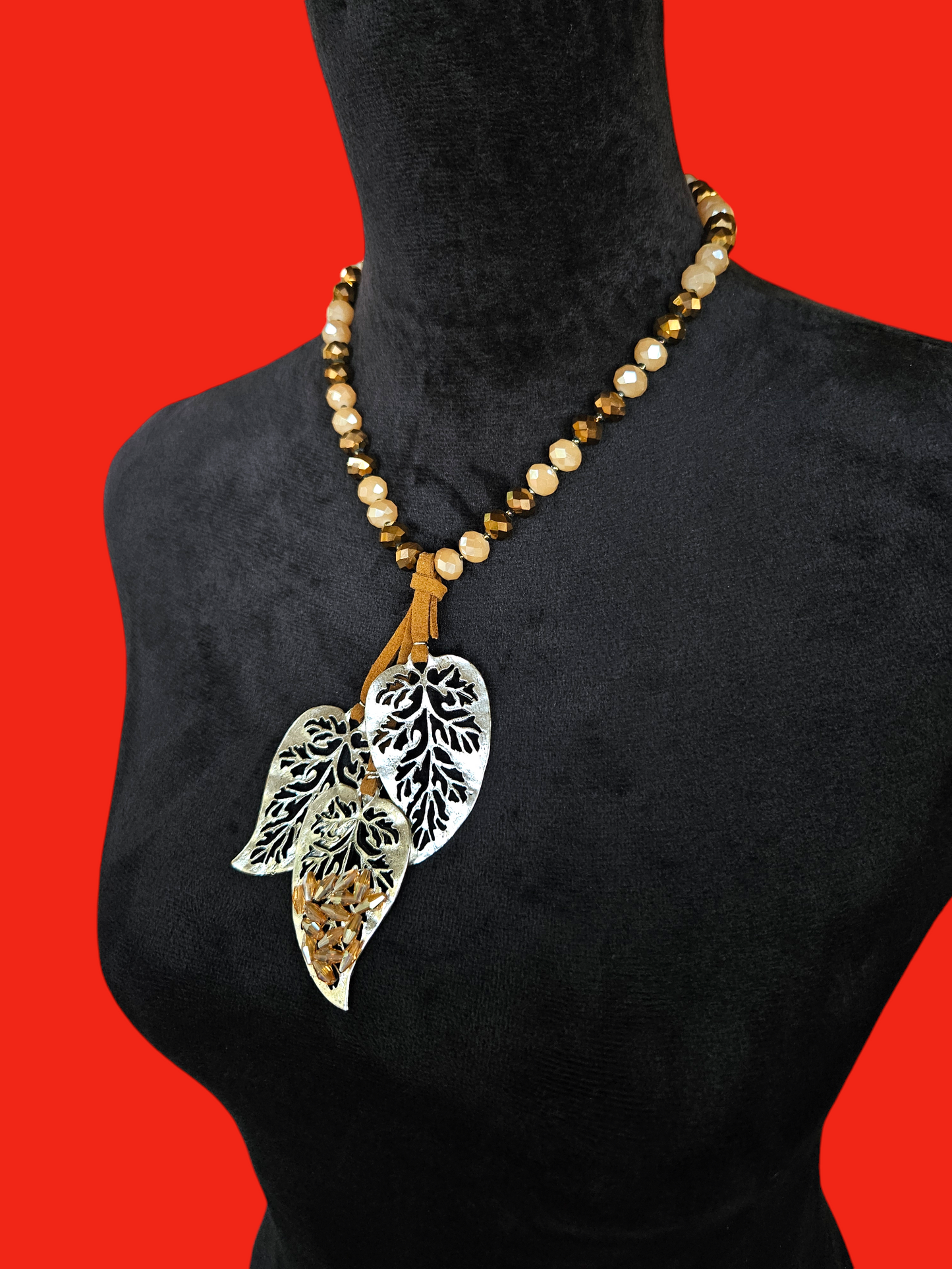 Silver Leaf Earthy Tones Pendant Necklace with Amber Crystal Beads