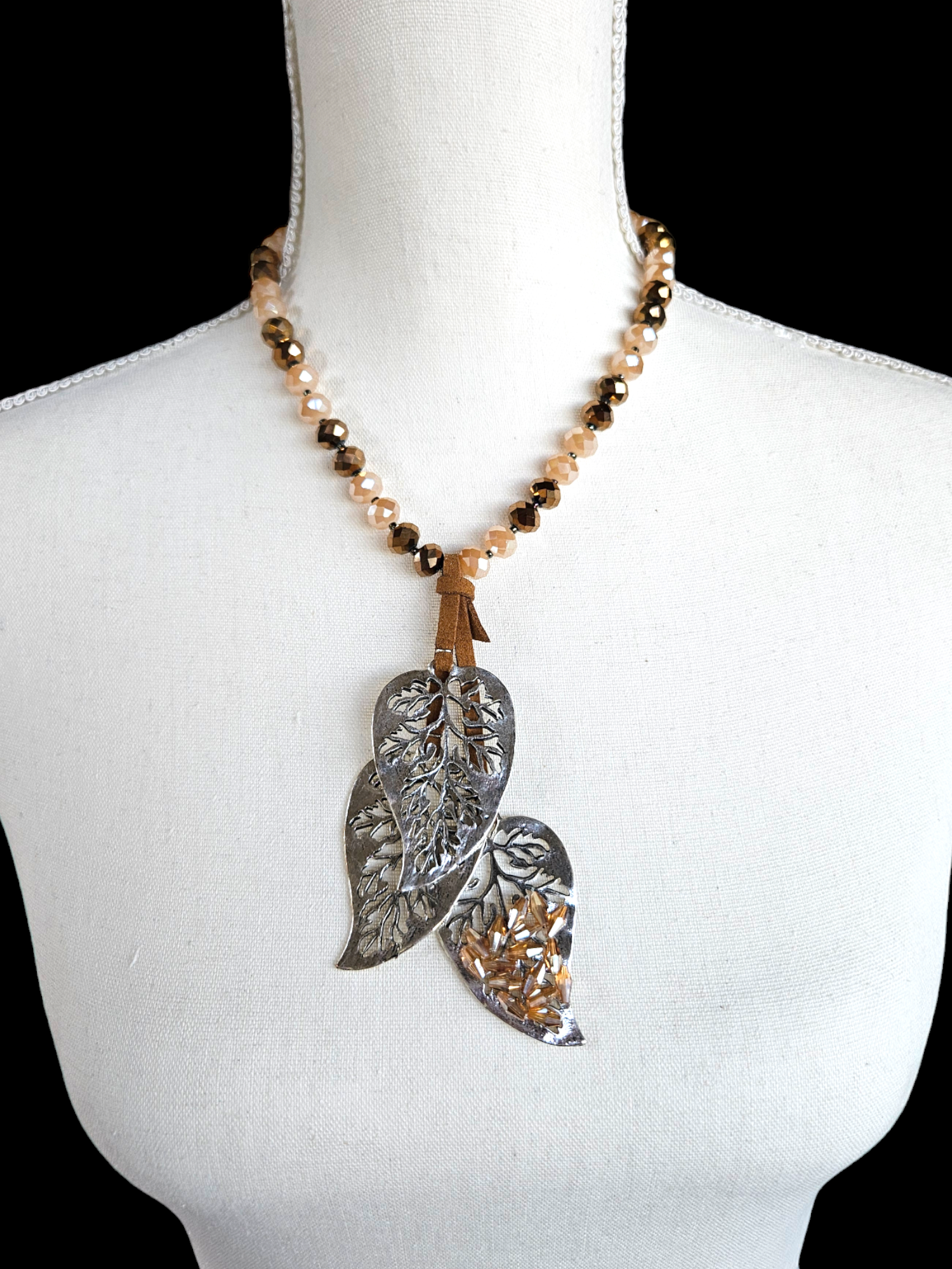 Silver Leaf Earthy Tones Pendant Necklace with Amber Crystal Beads